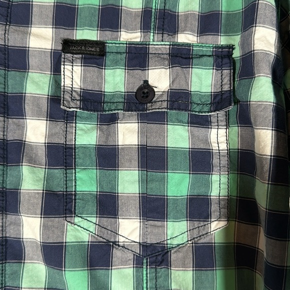 Jack & Jones Blue, Green & White Checkered Plaid Long Sleeve Button Down Shirt - Picture 5 of 8
